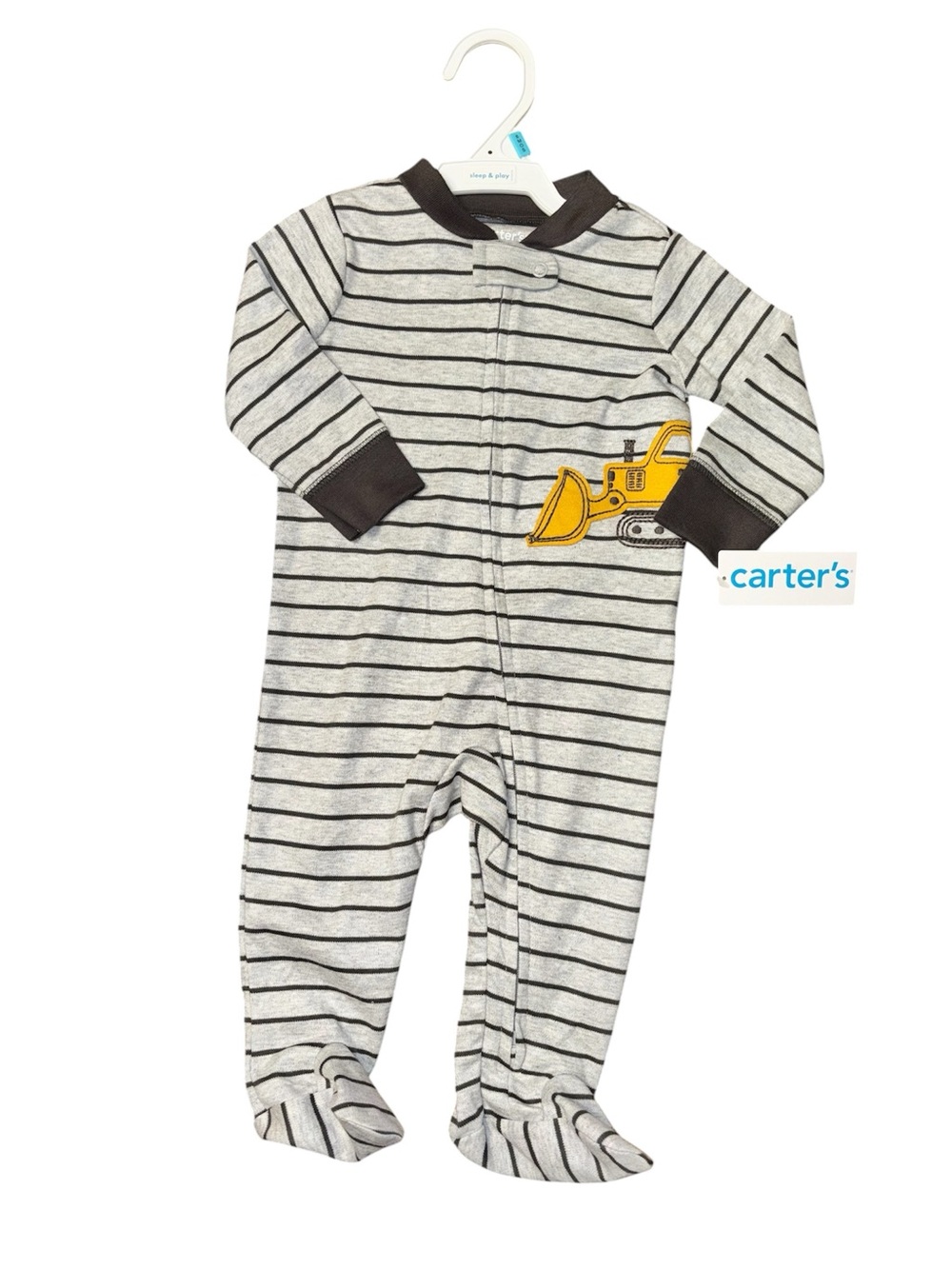 Carter's Gray and Black Striped Footed One-Piece with Yellow Excavator